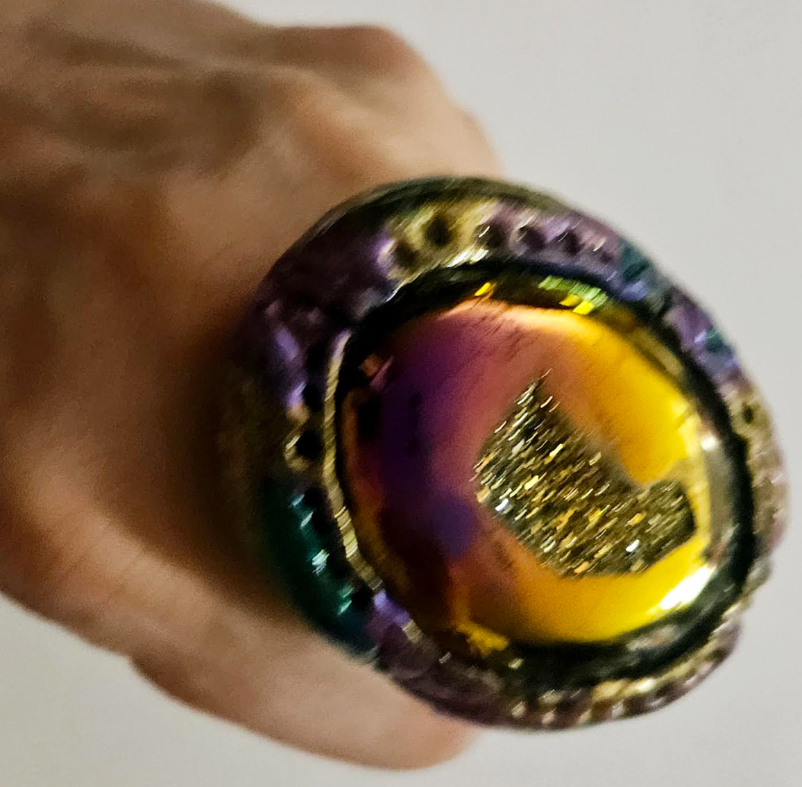 Flashy Crystal Sculpted Statement Ring OOAK Gold Copper Purple Ge