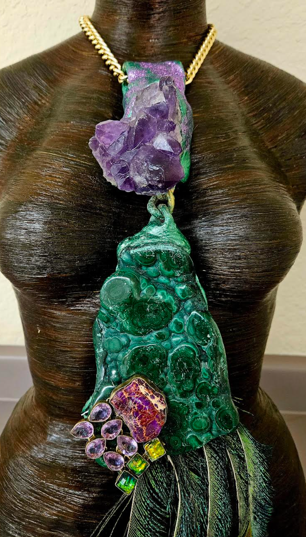 Malachite Amethyst & Peacock Sword Feather Chest Piece - Artisan