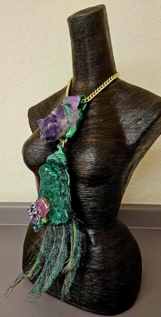Malachite Amethyst & Peacock Sword Feather Chest Piece - Artisan