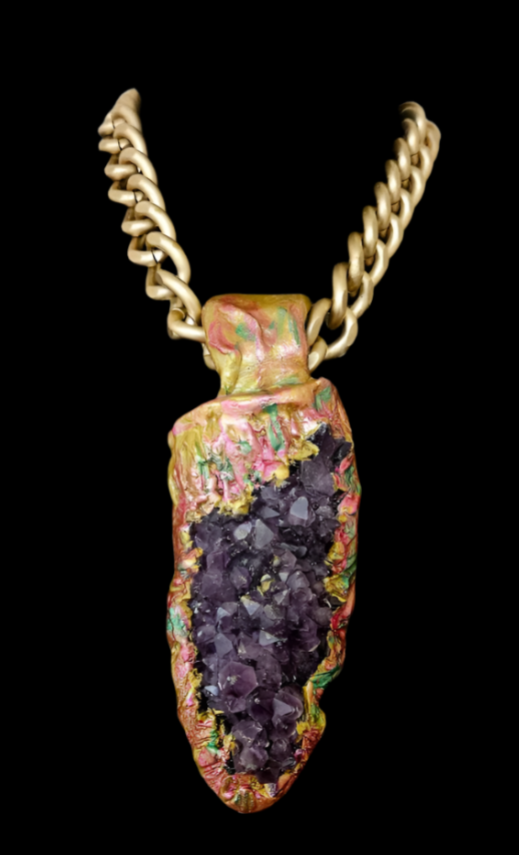 Rough Amethyst Sculpted Pendant with Bold Gold Tone Chain - High End