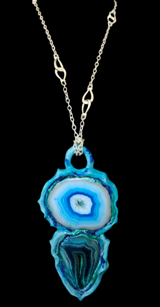 Blue Green & White Sculpted Agate Totem Pendant - Unisex