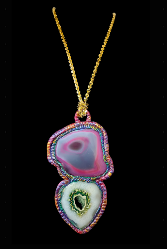 Luxury Pink & Green Agate Sculpted Pendant - Bold Couture