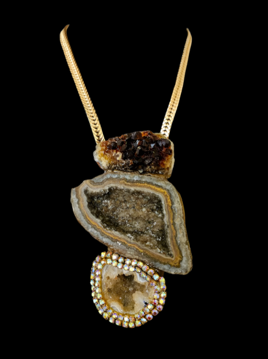 Citrine & Geode Sculpted Pendant - Earth Tone Unisex Artisan Amulet
