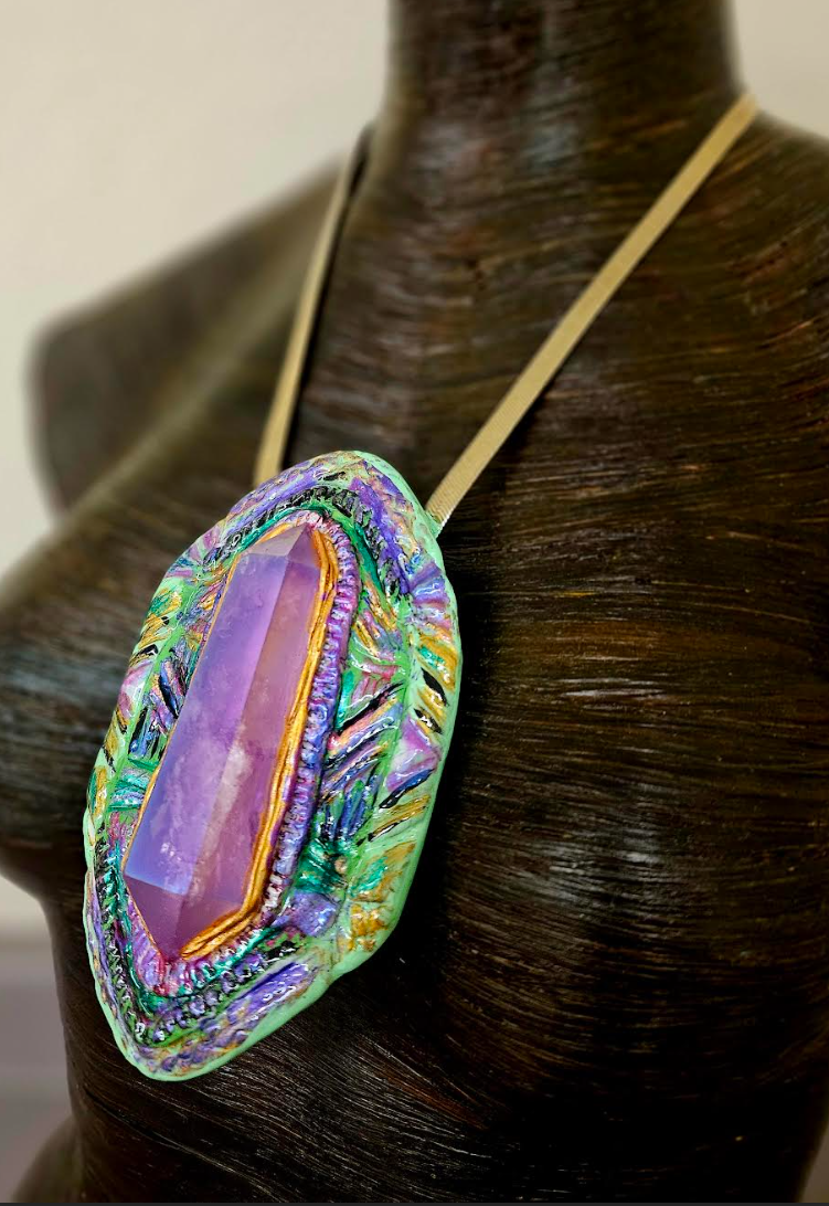 Purple Aura Quartz Art Deco Sculpted Pendant - Artists & Designers