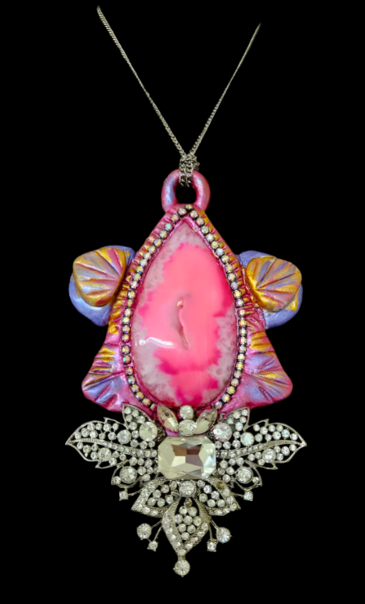 Hot Pink Agate Art Deco Pendant - Rhinestone Glamour