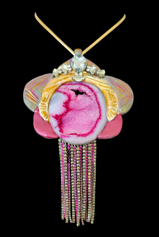 Pink Agate Art Deco Torc Pendant - Rhinestone Fringe