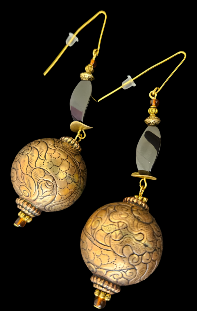 Tibetan Copper & Brass Repousse Dragon Motif Dangle Pierced Earring