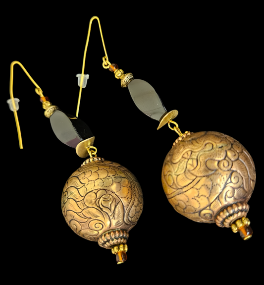 Tibetan Copper & Brass Repousse Dragon Motif Dangle Pierced Earring