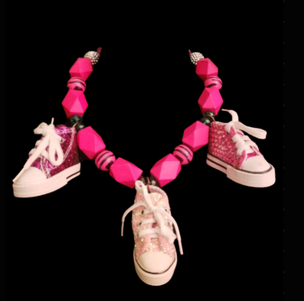 Hot Pink Beaded Whimsical Necklace with Sneaker Accents - Campy Style