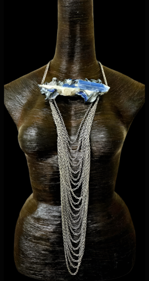 Rough Blue Kyanite Sculpted Pendant & Waterfall Draped Chains - OOAK