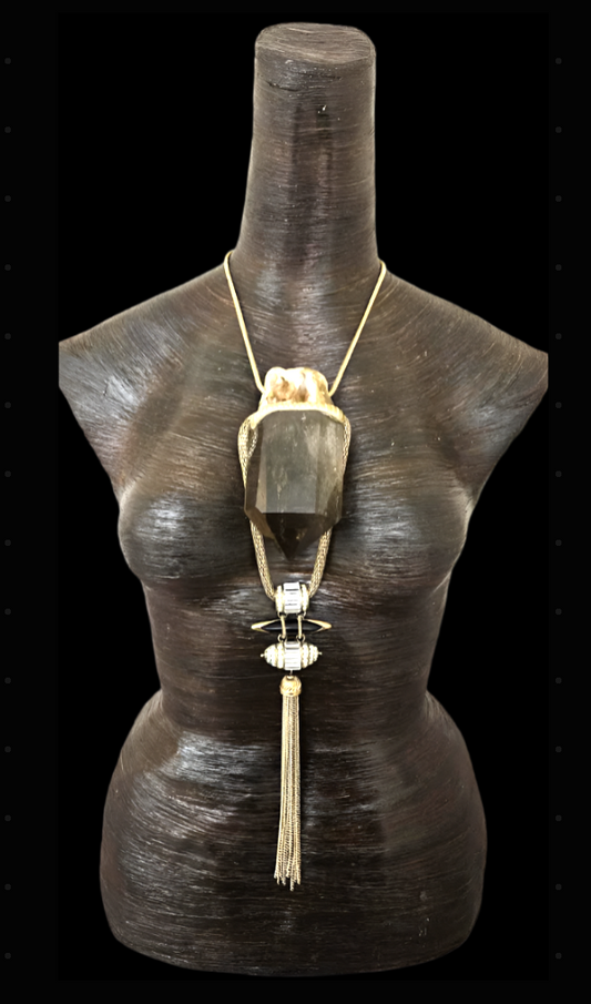 Lemurian Smoky Quartz Art Deco Pendant With Chain Details