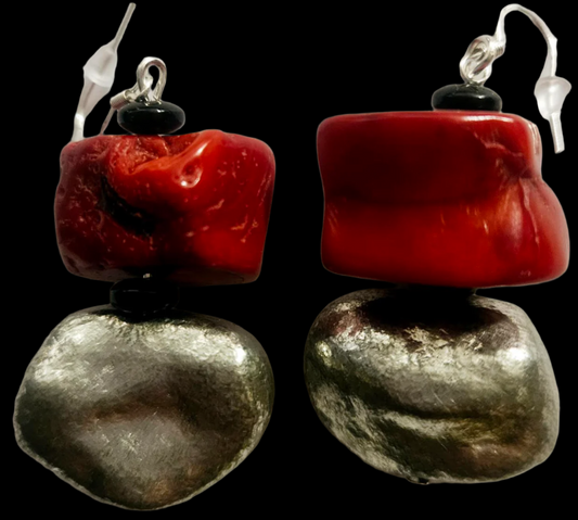Red Coral & Silver Metallic Freeform Beaded Pierced Dangle Earrings
