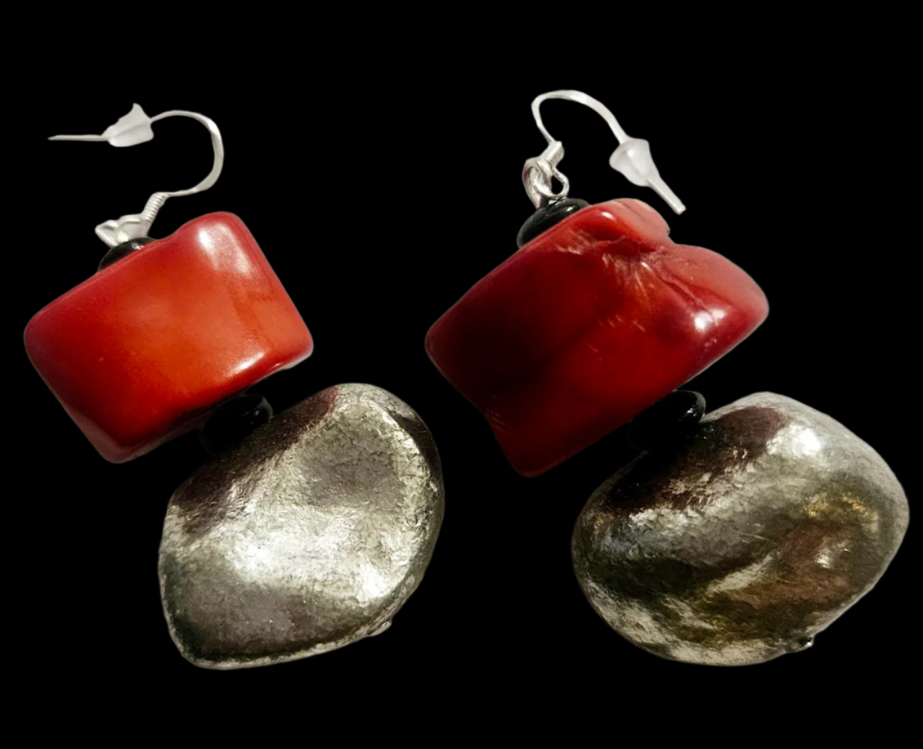 Red Coral & Silver Metallic Freeform Beaded Pierced Dangle Earrings