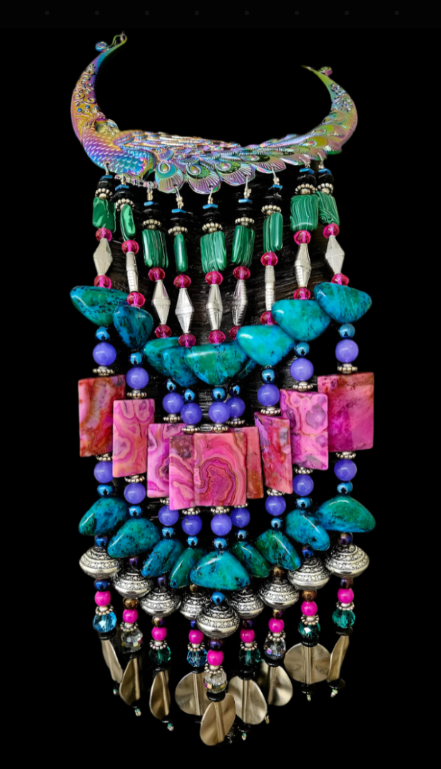Jewel Tone Miao Peacock Torc Bead Dangle Luxury Necklace - Red Carpet