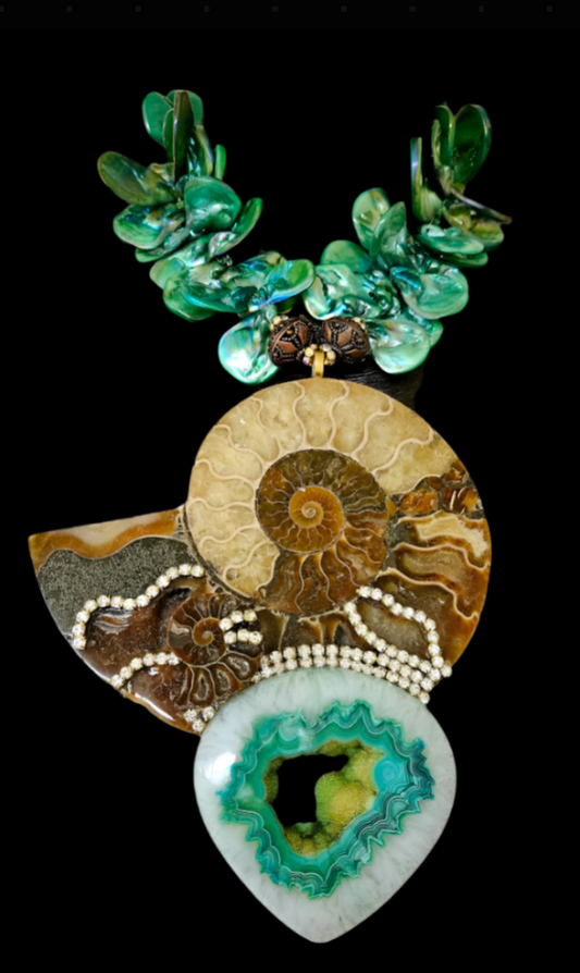 Ammonite Fossil, Abalone & Druzy Agate Chest Piece - Wealthy Artisans