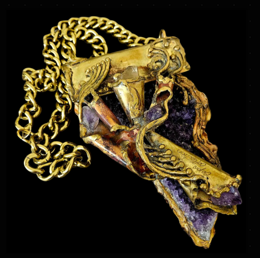 Brutalist Copper Brass & Amethyst Talisman - Rocker Chic