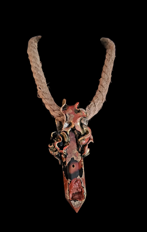 Earthy Druzy Sculpted Tower Gemstone Pendant With Hemp Rope - Unisex