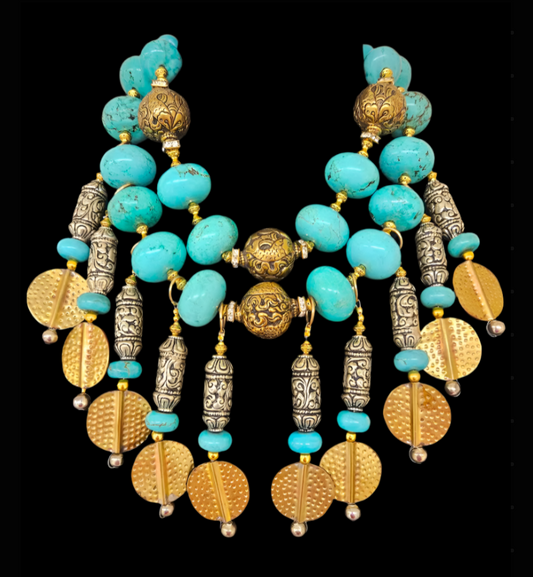 Blue Gold & Silver Beaded Waterfall Chest Piece - Couture