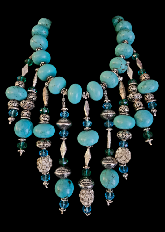 Blue Silver Beaded Waterfall Necklace - Boho Glamour