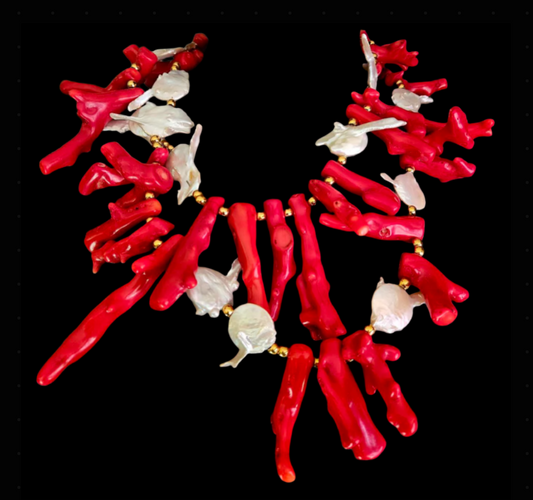 Red Branch Coral & Baroque Pearl Luxury Statement Necklace