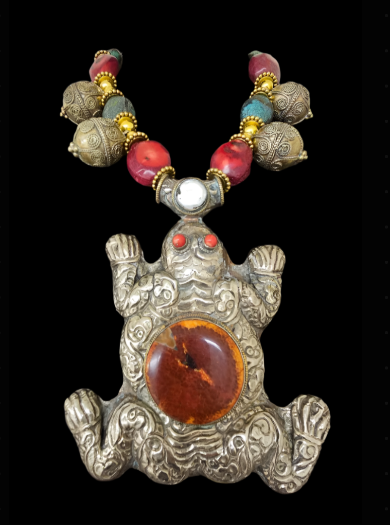 Huge Tibetan Repousse Frog Statement Gemstone Pendant - Iris Apfel