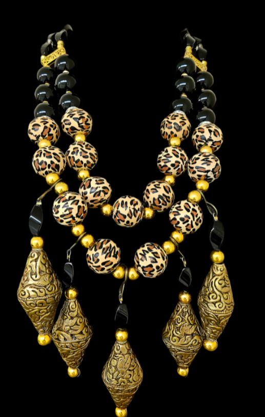 Onyx Leopard & Tibetan Brass Repousse Beaded Dangle Chest Piece - Luxe