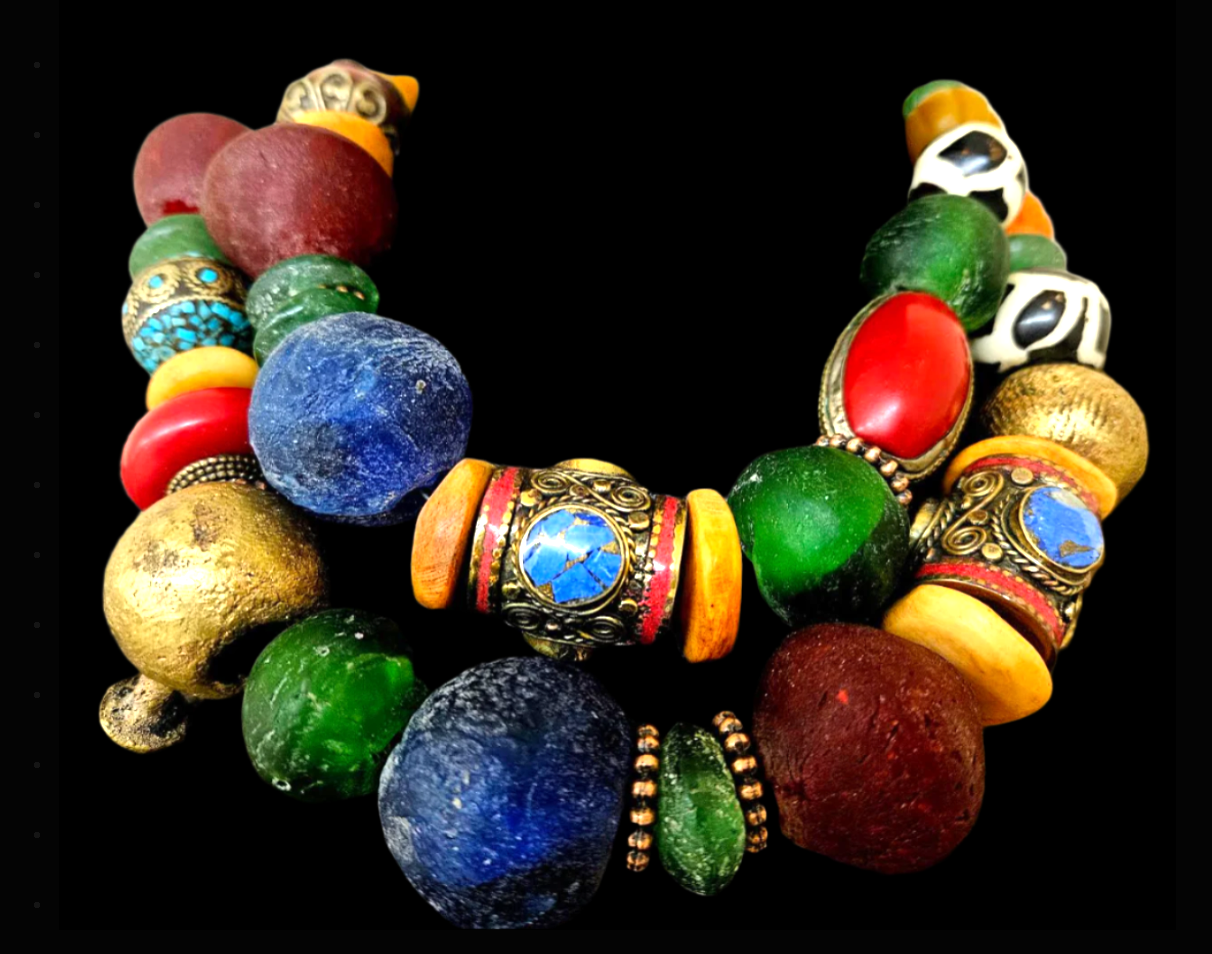 African Tibetan Heavy Colorful Beaded Multi Strand Tribal Necklace