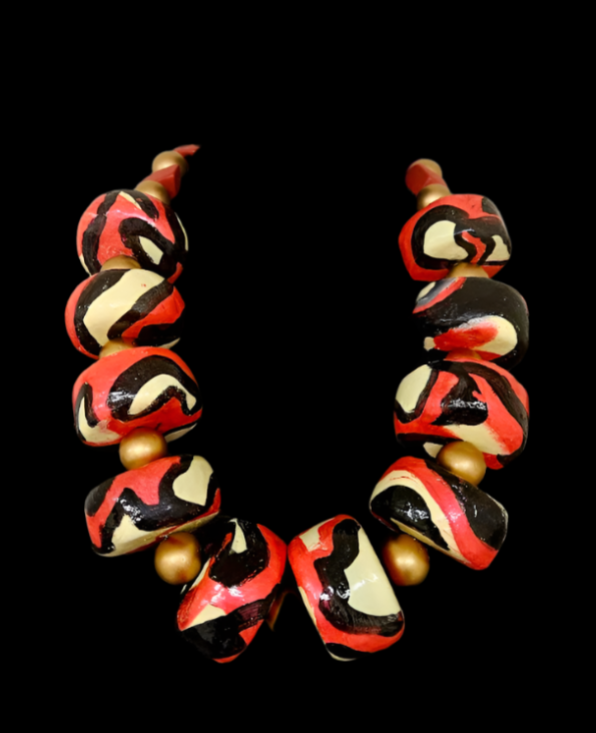 Black Red & Cream Abstract Print Oversized Sculpted Bead Statement