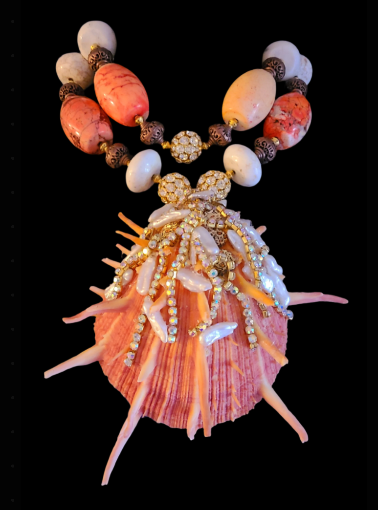 Bejeweled Spiny Oyster Shell Gemstone Pendant & Beaded Luxury Necklace