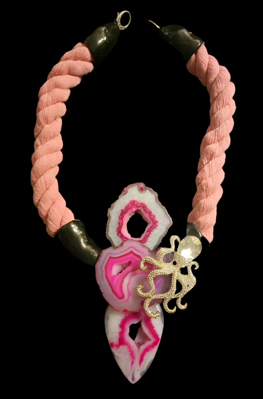 Pink Druzy Agate & Rhinestone Octopus Sculpted Chest Piece With Rope
