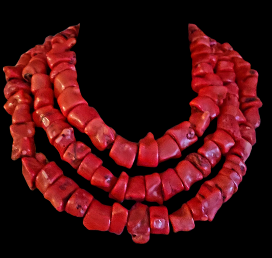 Triple Strand Red Coral Nugget Statement Luxury Necklace & Rhinestone
