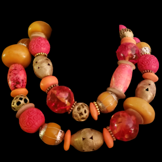 Luxury Ethnic Orange Red Gold & Yellow Huge Beaded Necklace - Dramatic