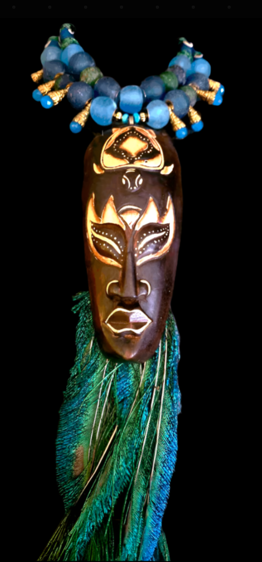 Indonesian Wood Mask Chest Piece With Peacock Feathers & Tribal Beads