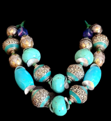 Turquoise Repousse & Magnesite Jumbo Beaded Statement Luxury Necklace,