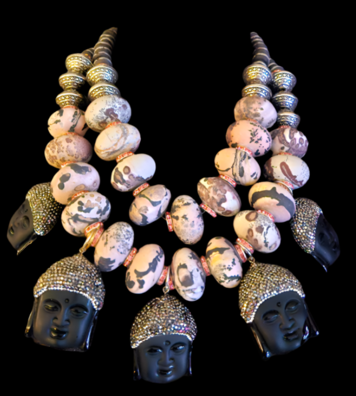 Rare Leopard Jasper, Rhinestone & Marcasite Buddha Head Statement Necklace