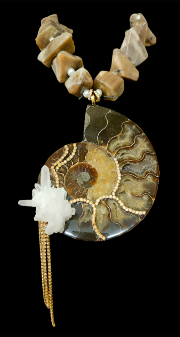 Earth Tome Ammonite, Quartz, Pearl & Polished Bespoke Chest Piece for Celebrities