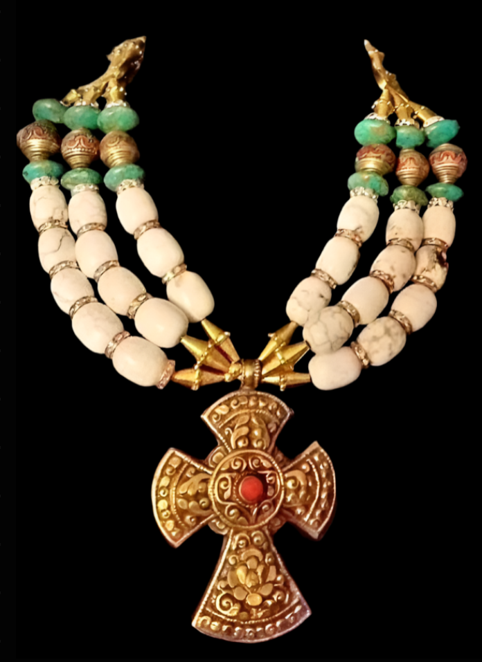 Premium Beaded Multi Strand Statement Necklace With a Celtic Cross Pendant
