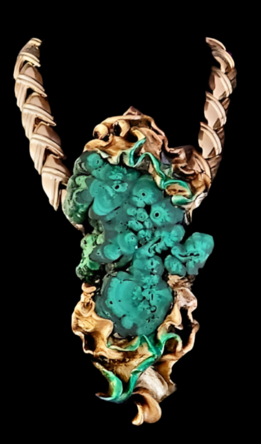 Sculpted Malachite Gemstone Slice with Thick Gold Tone Vintage Chain