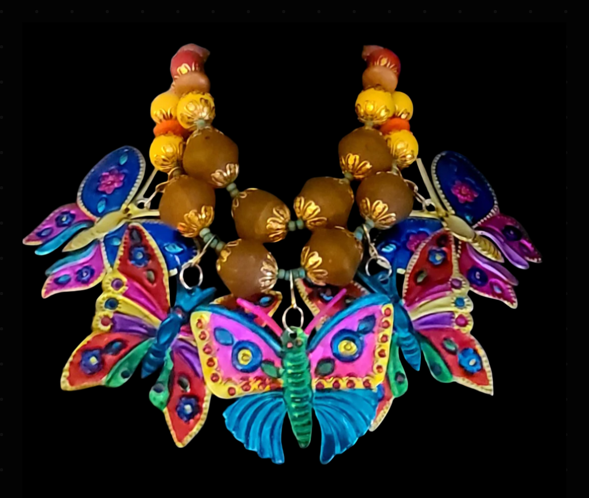 Mexican Folk Art Tin Butterfly Art Necklace with Oversized Beaded Necklace