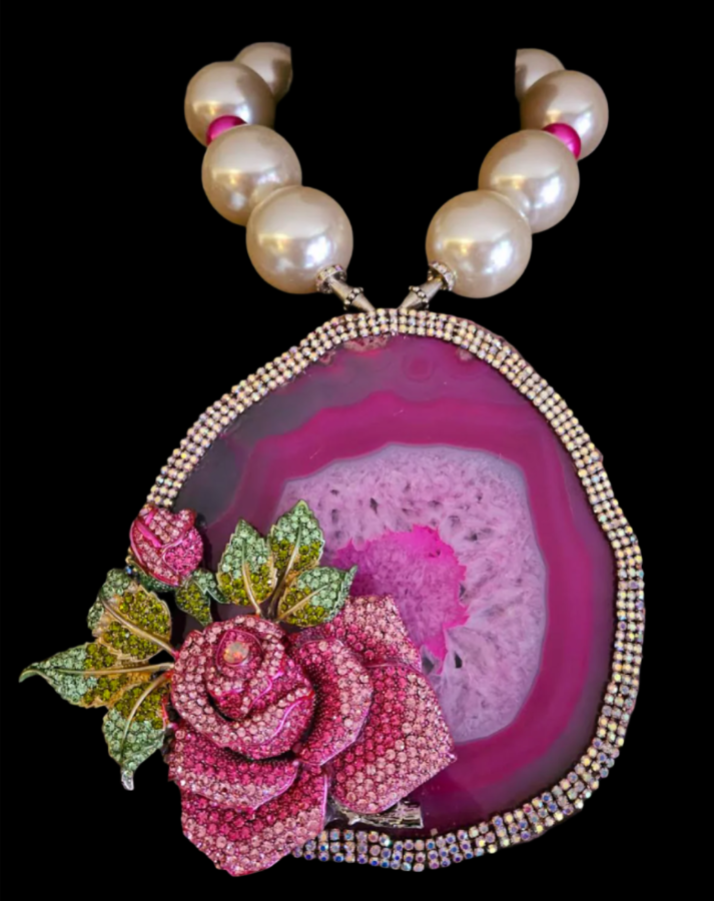 Massive Fuchsia Agate With A Rhinestone Rose On Oversized Faux Pearl Necklace