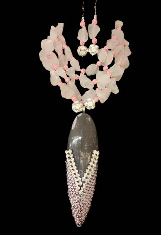 Raw Rose Quartz Multi Strand Necklace - Rhinestone Orthoceras Pendant