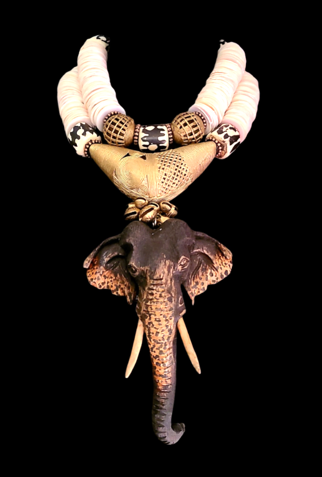 Haute Couture Tribal Necklace Set With Ornately Carved Wooden Elephant Head