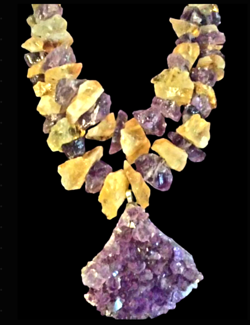 Rough Citrine & Amethyst Multi Strand Neclace With An Amethyst Crystal Pendant