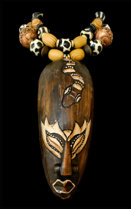 Indonesian Wood Mask Unisex Chest Piece - Earthy Beaded Necklace