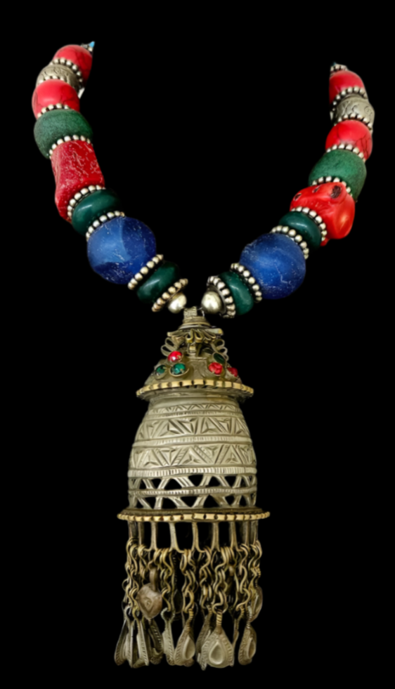 Middle Eastern Vintage Tribal Pendant With A Chunky Colorful Beaded Necklace