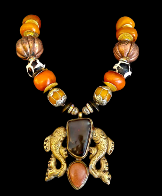 Double Fish Tibetan Repousse Tribal Gemstone Pendant & Beaded Choker