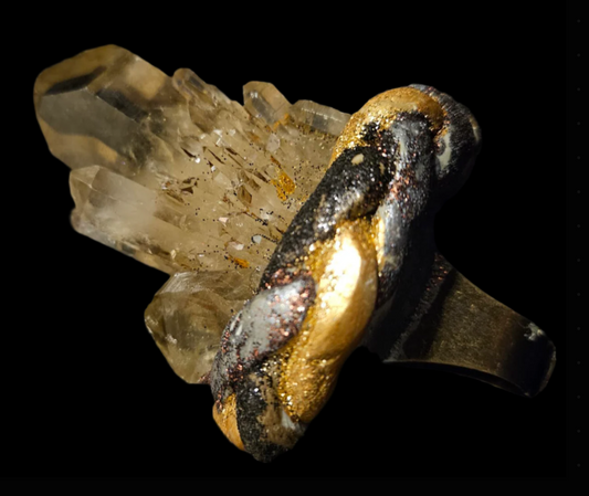 Luxury Smoky Citrine Record Keeper Quartz Sculpted Adjustable Ring