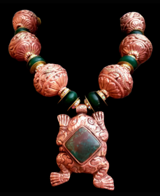 Tibetan Copper Repousse & Emerald Beaded Statement Necklace - Frog