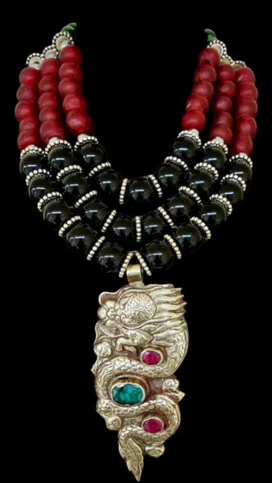 Ornate Tibetan Dragon Amulet & Multi Strand Onyx & Glass Statement Bib