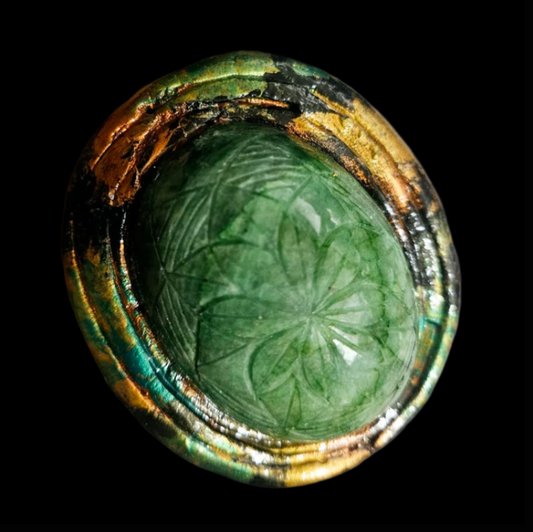 Etched Emerald Dome Sculpted Two Finger Statement Ring - Showstopper